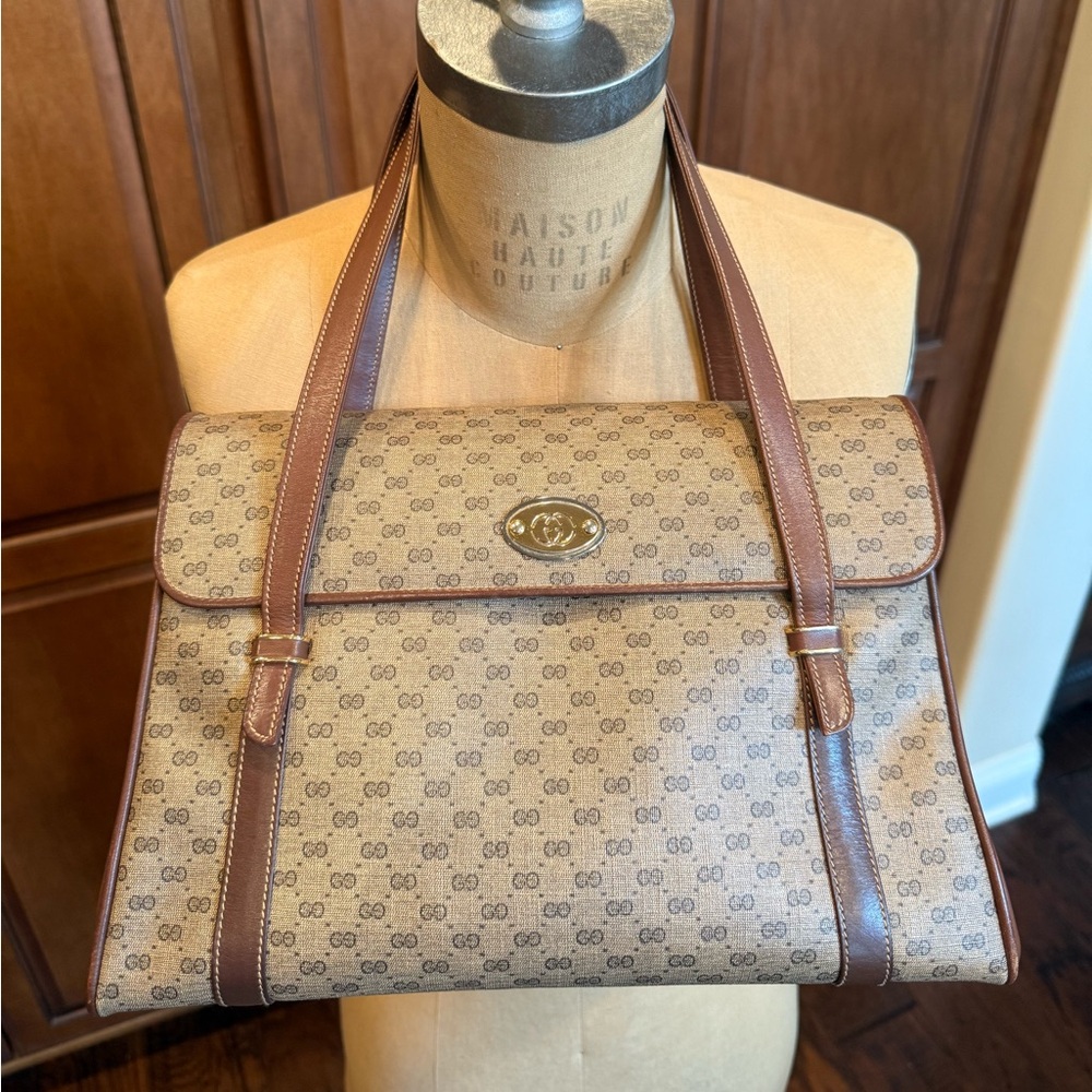 Vintage Gucci Monogrammed Coated Canvas Shoulder Bag with Leather Brown Trim